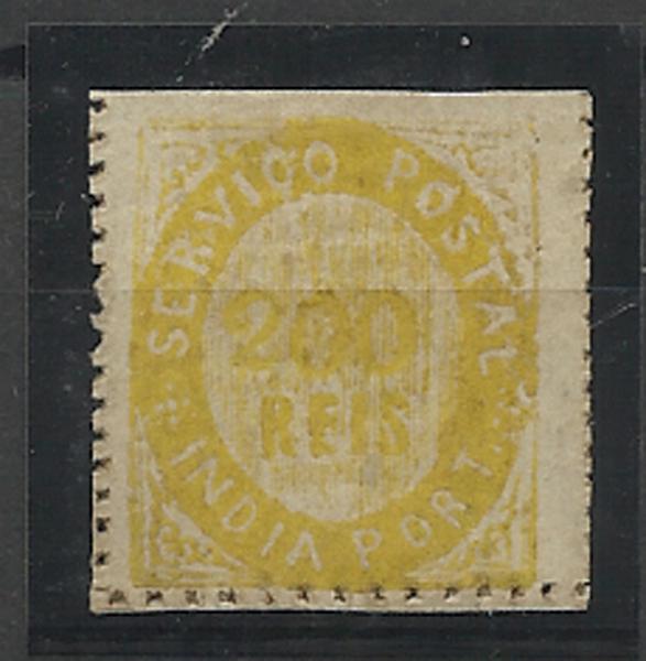 1299.jpg -     Lote:    1299            Índia       Descrição:         1871 &mdash; Nativos. Tipo II. CE12, 200 reis amarelo, papel espesso. Valor de catálogo &euro; 500,00. MB e R.        **       Valor Base:     &euro; 100,00     Valor Venda:     &euro; 160,00     