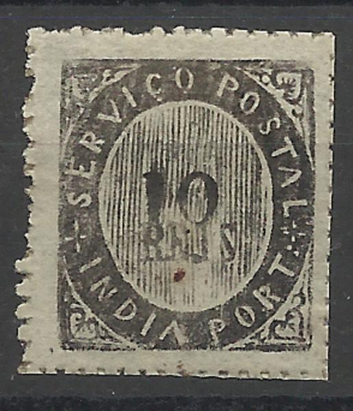 1303.jpg -     Lote:    1303            Índia       Descrição:         1873 &mdash; Nativos. Tipo IA. CE16, 10 reis preto. Impressão do numeral "10" deslocada. Valor de catálogo &euro; 105,00.        **       Valor Base:     &euro; 20,00     Valor Venda:     &euro; 20,00     