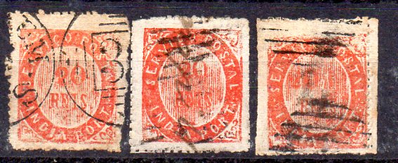 1307.jpg -     Lote:    1307            Índia       Descrição:         1873 &mdash; Nativos. Tipo IB. CE17, 20 reis laranja vermelho. Lote de 3 selos. Valor de catálogo &euro; 63,00.        O       Valor Base:     &euro; 15,00     Valor Venda:     Retirado     