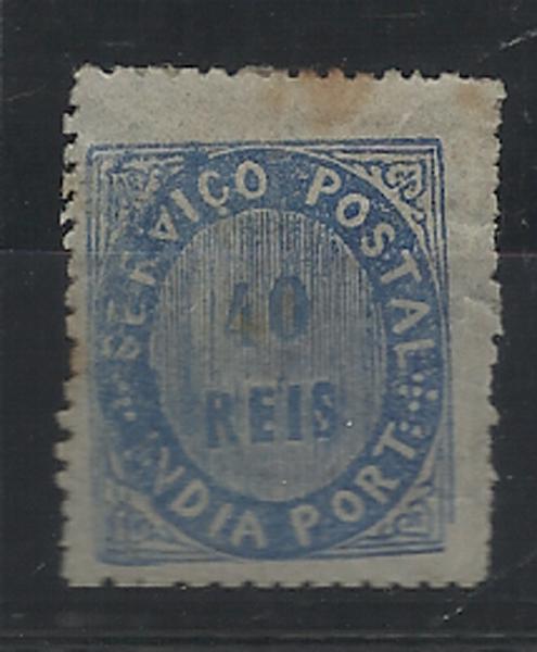 1314.jpg -     Lote:    1314            Índia       Descrição:         1876 &mdash; Nativos. Tipo IIB. CE29, 40 reis azul, papel azulado. Selo com pontos de óxido. Valor de catálogo &euro; 210,00.        **       Valor Base:     &euro; 30,00     Valor Venda:     &euro; 32,00     