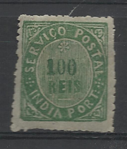 1318.jpg -     Lote:    1318            Índia       Descrição:         1877 &mdash; Nativos. Tipo IIIB. CE43, 100 reis verde. Valor de catálogo &euro; 145,00.        **       Valor Base:     &euro; 30,00     Valor Venda:     &euro; 40,00     