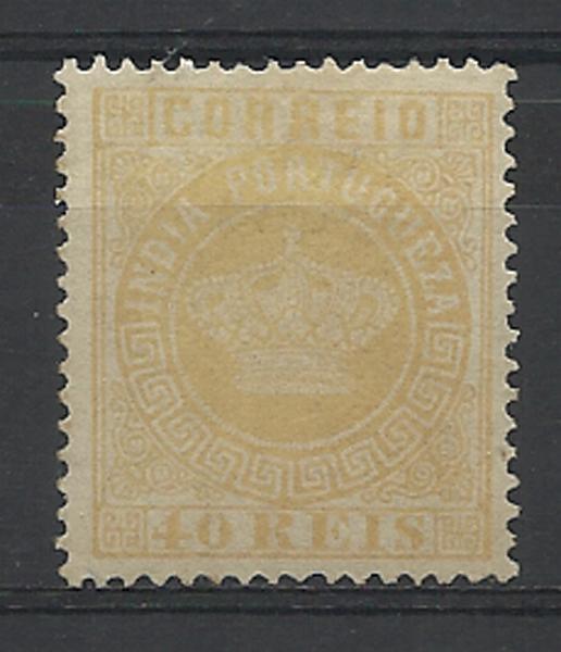 1327.jpg -     Lote:    1327            Índia       Descrição:         1880/81 &mdash; Tipo Coroa. Novas cores. CE60, 40 reis amarelo, denteado 13 &frac12;. Selo regomado com goma muito castanha. Valor de catálogo &euro; 72,00.        RG**       Valor Base:     &euro; 12,00     Valor Venda:     &euro; 20,00     