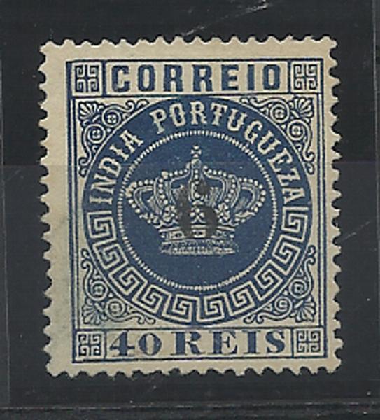 1332.jpg -     Lote:    1332            Índia       Descrição:         1881/83 &mdash; Tipo Coroa. Com sobretaxa. CE81, 6 reis s/ 40 reis azul, denteado 13 &frac12;. Valor de catálogo &euro; 165,00.        *       Valor Base:     &euro; 40,00     Valor Venda:     &euro; 150,00     