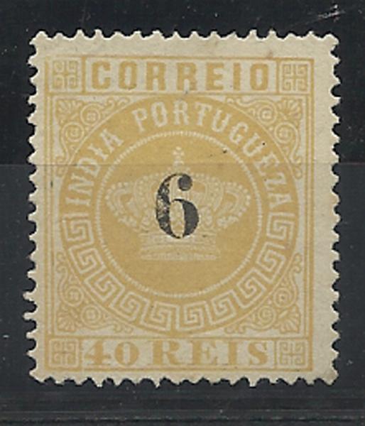 1333.jpg -     Lote:    1333            Índia       Descrição:         1881/83 &mdash; Tipo Coroa. Com sobretaxa. CE82, 6 reis s/ 40 reis amarelo, denteado 13 &frac12;. Valor de catálogo &euro; 122,00.        *       Valor Base:     &euro; 30,00     Valor Venda:     &euro; 55,00     