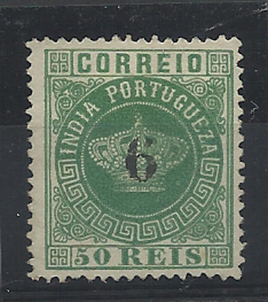 1334.jpg -     Lote:    1334            Índia       Descrição:         1881/83 &mdash; Tipo Coroa. Com sobretaxa. CE83, 6 reis s/ 50 reis verde azul, denteado 13 &frac12;. Valor de catálogo &euro; 130,00.        *       Valor Base:     &euro; 35,00     Valor Venda:     &euro; 60,00     