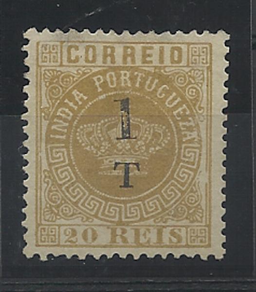 1335.jpg -     Lote:    1335            Índia       Descrição:         1881/83 &mdash; Tipo Coroa. Com sobretaxa. CE86, 1T s/ 20 reis bistre, denteado 12 &frac12;. Uma ligeira transparência num dos dentes. Valor de catálogo &euro; 115,00.        *       Valor Base:     &euro; 25,00     Valor Venda:     &euro; 51,00     