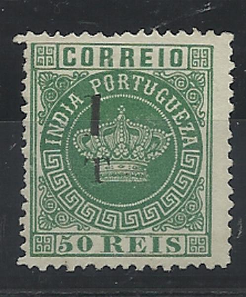 1336.jpg -     Lote:    1336            Índia       Descrição:         1881/83 &mdash; Tipo Coroa. Com sobretaxa. CE90, 1T s/ 50 reis verde azul, denteado 12 &frac12;. Valor de catálogo &euro; 136,00.        *       Valor Base:     &euro; 30,00     Valor Venda:     &euro; 55,00     