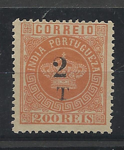 1337.jpg -     Lote:    1337            Índia       Descrição:         1881/83 &mdash; Tipo Coroa. Com sobretaxa. CE101, 2T s/ 200 reis laranja, denteado 12 &frac12;. Valor de catálogo &euro; 102,00.        *       Valor Base:     &euro; 25,00     Valor Venda:     &euro; 42,00     