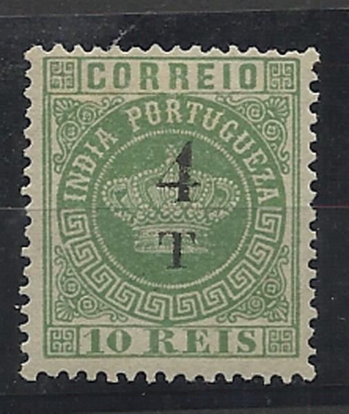1338.jpg -     Lote:    1338            Índia       Descrição:         1881/83 &mdash; Tipo Coroa, com sobretaxa. CE103, 4T s/ 10 reis verde, denteado 12 &frac12;. Valor de catálogo &euro; 44,00.        **       Valor Base:     &euro; 10,00     Valor Venda:     &euro; 22,00     