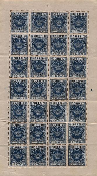 1341.jpg -     Lote:    1341            Índia       Descrição:         1882 &mdash; Coroa. Lote de 3 folhas completas de 2T azul, denteado 12 &frac12; CE119, 4T lilás claro, denteado 12 &frac12; CE120 e 8T laranja, denteado 13 &frac12; CE121. Valor de catálogo &euro; 546,00.        *       Valor Base:     &euro; 40,00     Valor Venda:     &euro; 55,00     
