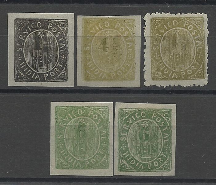 1345.jpg -     Lote:    1345            Índia       Descrição:         1883 &mdash; Nativos. Valor em moeda local. Tipo IIID. CE129/131. Série completa + dois selos de 4 &frac12; e 6 reis em tonalidades diferentes. Valor de catálogo &euro; 117,20.        **       Valor Base:     &euro; 20,00     Valor Venda:     &euro; 32,00     