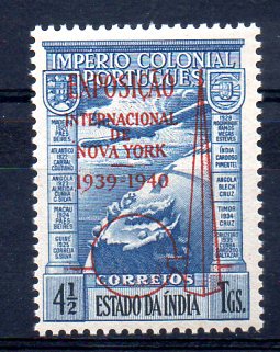 1348.jpg -     Lote:    1348            Índia       Descrição:         1939 &mdash; Império Colonial Português c/ sobrecarga "Exposição Internacional de Nova York 1939-1940". CE CA 4A, 4 &frac12; T azul. Valor de catálogo &euro; 210,00.        ***       Valor Base:     &euro; 50,00     Valor Venda:     &euro; 60,00     