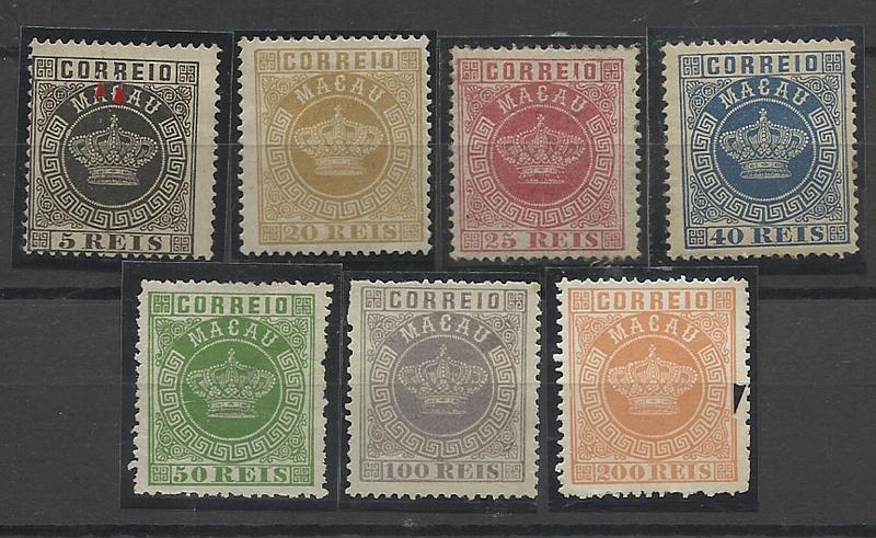 1361.jpg -     Lote:    1361            Macau       Descrição:         1884 &mdash; Coroa. CE1 + 2/8. faltam selos de 10 e 300 reis para completar a série em denteado 13 &frac12;. Valor aproximado de catálogo &euro; 259,00.        *       Valor Base:     &euro; 50,00     Valor Venda:     &euro; 120,00     