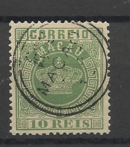 1367.jpg -     Lote:    1367            Macau       Descrição:         1885/89 &mdash; Coroa. CE16, 10 reis verde, denteado 12 &frac12;. Valor de catálogo &euro; 16,00.        O       Valor Base:     &euro; 6,00     Valor Venda:     &euro; 8,00     