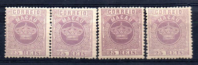 1373.jpg -     Lote:    1373            Macau       Descrição:         1885/89 &mdash; Tipo Coroa. Novas cores e valores. CE18, 25 reis violeta, denteado 12 &frac12;. Lote composto por dois selos simples (tonalidades) e par horizontal. Valor de catálogo &euro; 84,00.        ***/**       Valor Base:     &euro; 25,00     Valor Venda:     &euro; 28,00     