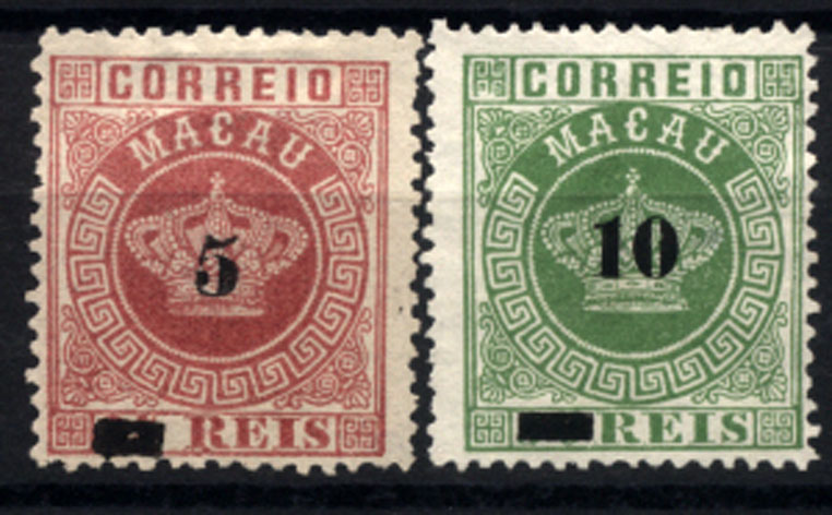 1380.jpg -     Lote:    1380            Macau       Descrição:         1885 &mdash; Coroa. Com sobretaxa. CE22/23. Série completa em denteado 12 &frac12;. Valor de catálogo &euro; 56,00.        *       Valor Base:     &euro; 15,00     Valor Venda:     &euro; 28,00     