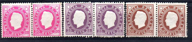 1385.jpg -     Lote:    1385            Macau       Descrição:         1887 &mdash; D. Luís I. Fita direita. Lote de 3 pares horizontais, de 20, 25 e 100 reis CE34, 35 e 39, em denteado 12 &frac12;. Valor de catálogo &euro; 174,00.        *       Valor Base:     &euro; 50,00     Valor Venda:     &euro; 50,00     