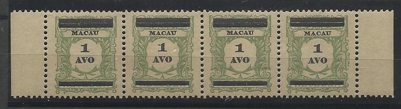 1395.jpg -     Lote:    1395            Macau       Descrição:         1910 &mdash; Selos de Porteado com sobrecarga. CE142, 1 avo, verde amarelo. Tira horizontal de 4 selos. Valor de catálogo &euro; 56,00.        ***       Valor Base:     &euro; 10,00     Valor Venda:     &euro; 10,00     