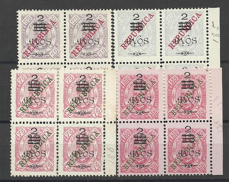 1402.jpg -     Lote:    1402            Macau       Descrição:         1913 &mdash; D. Carlos I, com sobretaxa. CE182/85. Série completa em quadras. Valor de catálogo &euro; 101,00.        *       Valor Base:     &euro; 20,00     Valor Venda:     &euro; 46,00     