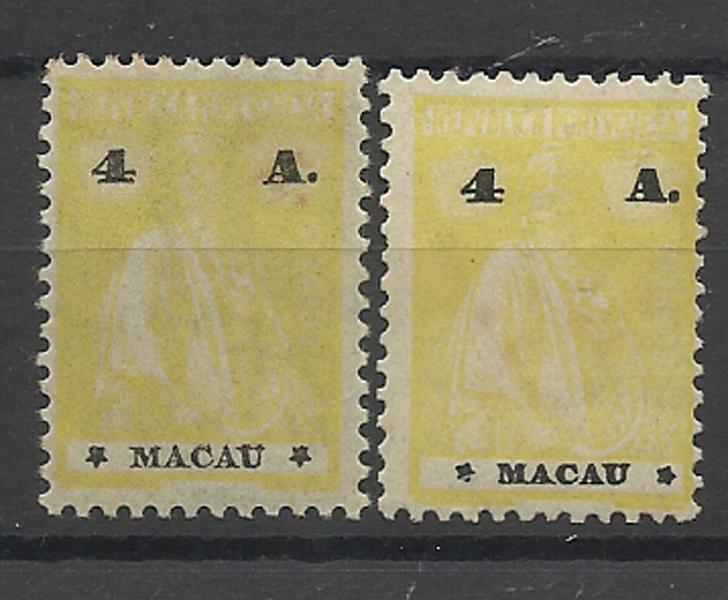 1410.jpg -     Lote:    1410            Macau       Descrição:         1924 &mdash; Ceres. Novos valores e cores. CE249, 4 avos amarelo. Lote de dois selos com estrelas II/II e III/III. Selos com pontos de óxido no verso. Valor de catálogo &euro; 50,00.        **       Valor Base:     &euro; 5,00     Valor Venda:     &euro; 16,00     