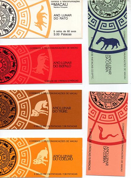 1412.jpg -     Lote:    1412            Macau       Descrição:         1984/92 &mdash; Anos Lunares. Lote com 10 carteiras doas anos lunares do Rato, Búfalo, Tigre, Coelho, Cobra, Cabra, Macaco e Galo. Valor de catálogo &euro; 118,00.        CRT       Valor Base:     &euro; 26,00     Valor Venda:     &euro; 30,00     