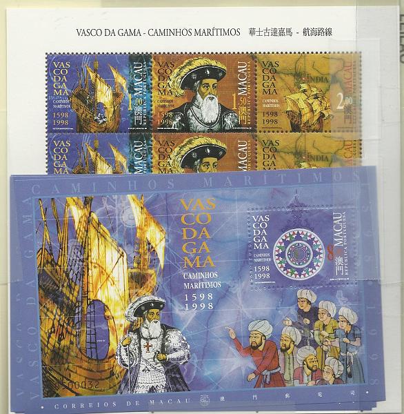 1415.jpg -     Lote:    1415            Macau       Descrição:         1998 &mdash; Vasco da Gama. CE 939/941 e BLC55. Lote composto por 5 folhas com 4 séries cada + 5 blocos com o erro "1598". Valor de catálogo &euro; 43,50.        ***       Valor Base:     &euro; 12,00     Valor Venda:     &euro; 26,00     