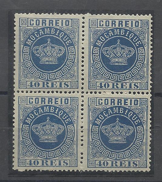 1425.jpg -     Lote:    1425            Moçambique       Descrição:         1876 &mdash; Coroa. CE5, 40 reis azul, denteado 13 &frac12;. Quadra. Valor de catálogo &euro; 184,00.        ***       Valor Base:     &euro; 35,00     Valor Venda:     &euro; 42,00     