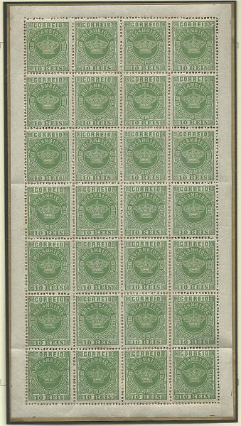 1430.jpg -     Lote:    1430            Moçambique       Descrição:         1881/85 &mdash; Tipo Coroa. CE10, 10 reis verde, papel liso, denteado 13 &frac12;. Folha completa de 28 selos. Valor de catálogo &euro; 58,80.        *       Valor Base:     &euro; 20,00     Valor Venda:     Retirado     