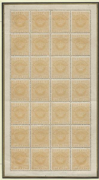 1432.jpg -     Lote:    1432            Moçambique       Descrição:         1881/85 &mdash; Tipo Coroa. CE13, 40 reis amarelo, papel liso, denteado 13 &frac12;. Folha completa de 28 selos. Valor de catálogo &euro; 168,00.        *       Valor Base:     &euro; 32,00     Valor Venda:     &euro; 32,00     