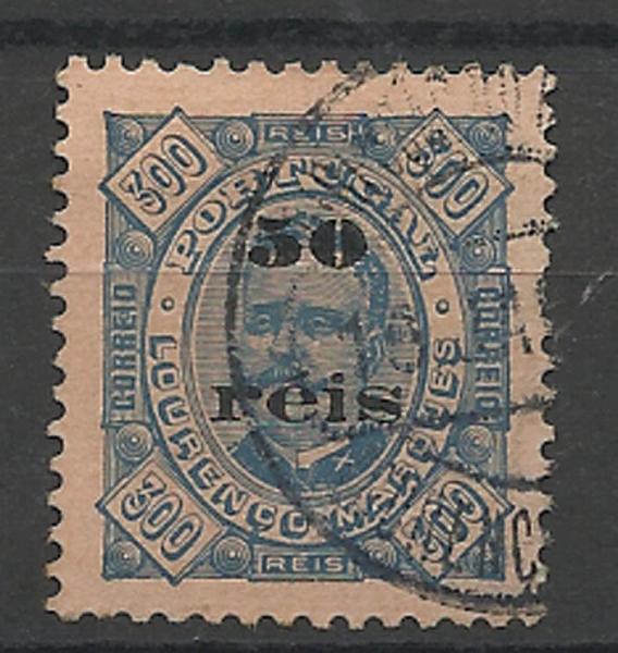 1466.jpg -     Lote:    1466            Lourenço Marques       Descrição:         1896 &mdash; Selos de D. Carlos I, com sobretaxa. CE31, 50 s/ 300 reis, azul s/ laranja. Um dente curto. Valor de catálogo &euro; 253,00.        O       Valor Base:     &euro; 25,00     Valor Venda:     &euro; 36,00     