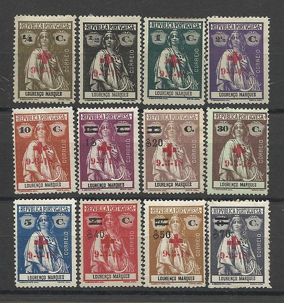 1468.jpg -     Lote:    1468            Lourenço Marques       Descrição:         1918 &mdash; Ceres com sobrecarga "Cruz Vermelha Portuguesa" e sobretaxa. CE159/170. Série completa. Selos CE161 e CE165 com variedade A. Valor de catálogo &euro; 166,00.        **       Valor Base:     &euro; 30,00     Valor Venda:     &euro; 42,00     