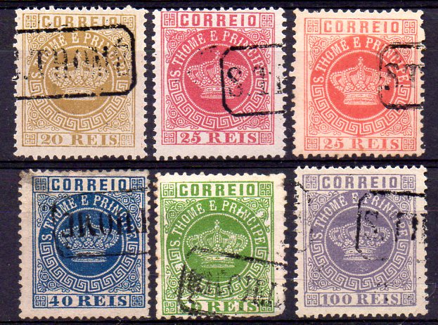 1479.jpg -     Lote:    1479            S. Tomé e Príncipe       Descrição:         1870/77 &mdash; Tipo Coroa. Lote composto por 6 selos (20, 25 x2, 40, 50 e 100 reis) CE3/7, obliterados com carimbo batido a preto "S. THOME".        Lote       Valor Base:     &euro; 50,00     Valor Venda:     &euro; 60,00     