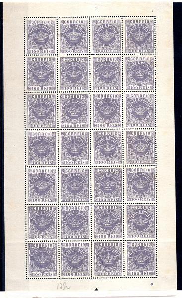 1481.jpg -     Lote:    1481            S. Tomé e Príncipe       Descrição:         1870/77 &mdash; Tipo Coroa. CE7, 100 reis lilás malva, denteado 13 &frac12;.  Folha completa de 28 selos. Valor de catálogo &euro; 532,00.        *       Valor Base:     &euro; 100,00     Valor Venda:     &euro; 140,00     