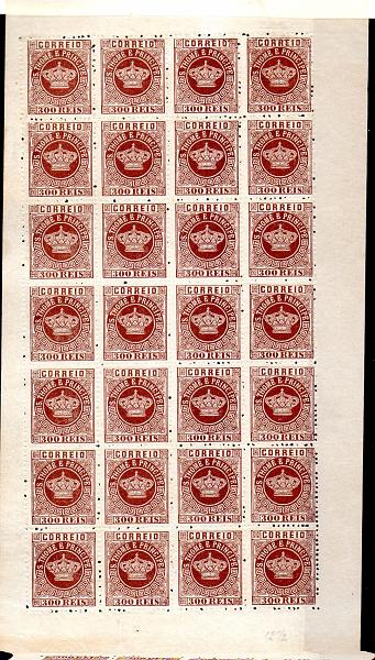 1483.jpg -     Lote:    1483            S. Tomé e Príncipe       Descrição:         1870/77 &mdash; Tipo Coroa. CE9, 300 reis castanho vermelho, denteado 12 &frac12;. Folha completa de 28 selos. Valor de catálogo &euro; 644,00.        *       Valor Base:     &euro; 125,00     Valor Venda:     &euro; 180,00     