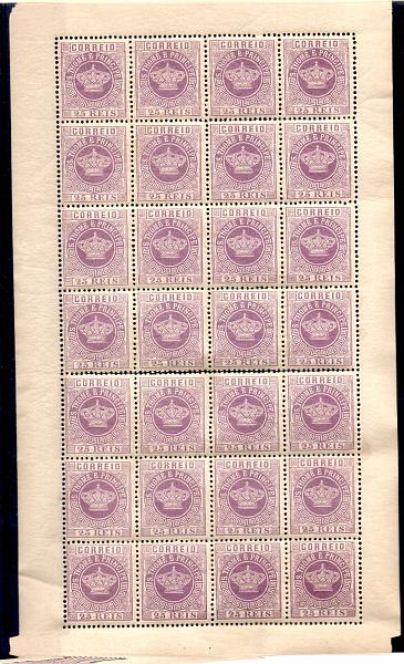 1485.jpg -     Lote:    1485            S. Tomé e Príncipe       Descrição:         1881/85 &mdash; Tipo Coroa. Novas cores. CE12, 25 reis violeta, denteado 12 &frac12;. Folha completa de 28 selos. Valor de catálogo &euro; 179,20.        ***       Valor Base:     &euro; 40,00     Valor Venda:     &euro; 75,00     