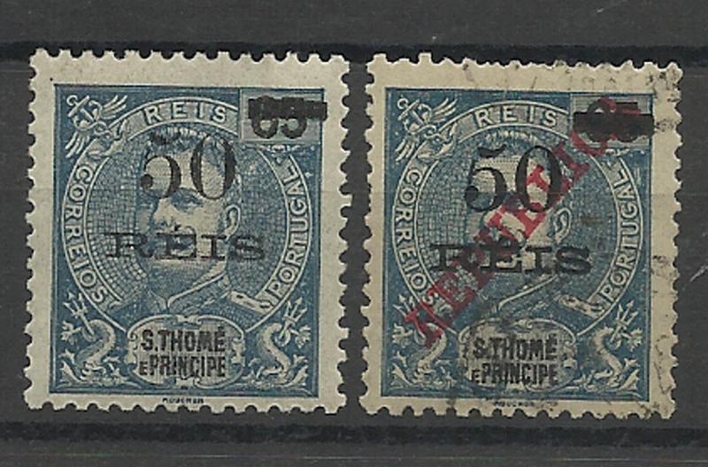 1490.jpg -     Lote:    1490            S. Tomé e Príncipe       Descrição:         1905/15 &mdash; D. Carlos I, com sobretaxa + D Carlos I, com sobretaxa e sobrecarga "REPUBLICA". Lote de dois selos: um de 50 s/ 65 reis com o "5" fendido, tipo I, CE95 e outro de 50 s/ 65 reis com o "5" fendido, tipo I, CE226. Valor de catálogo &euro; 47,00.        */O       Valor Base:     &euro; 10,00     Valor Venda:     &euro; 22,00     