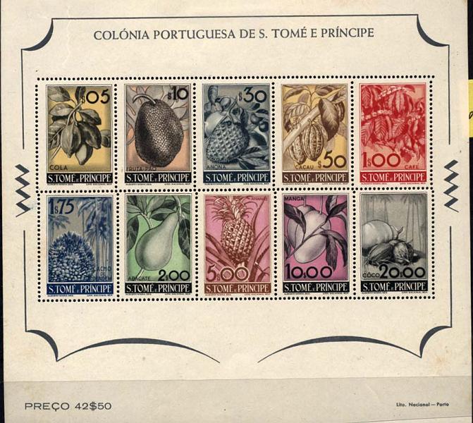 1493.jpg -     Lote:    1493            S. Tomé e Príncipe       Descrição:         1948 &mdash; Frutos de S. Tomé e Príncipe. CE BLC1 com a série 337/346. Bloco com ligeiros pontos de óxido no verso. Lote a ver. Valor de catálogo &euro; 480,00.        ***       Valor Base:     &euro; 75,00     Valor Venda:     &euro; 85,00     