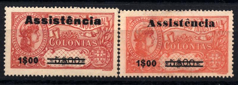 1498.jpg -     Lote:    1498            S. Tomé e Príncipe       Descrição:         1946 &mdash; Imposto Postal. "ASSISTÊNCIA". Selos fiscais de África, com sobretaxa. CE IP7, 1$00 s/ 5$00 carmim. Dois selos, sendo um do tipo I e outro do Tipo II. Valor de catálogo &euro; 68,00.        *       Valor Base:     &euro; 20,00     Valor Venda:     &euro; 28,00     