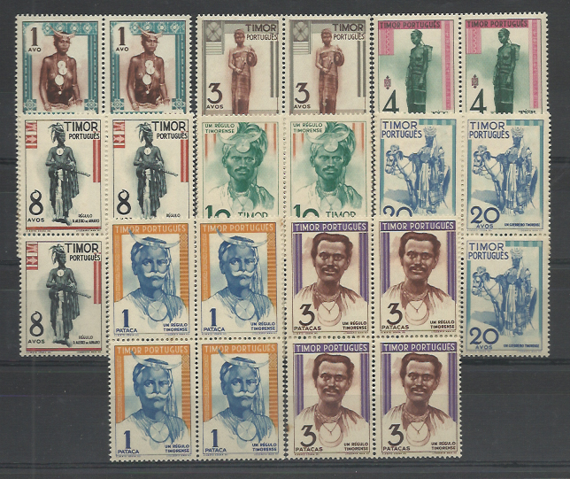 1503.jpg -     Lote:    1503            Timor       Descrição:         1948 &mdash; Tipo Indígenas. CE26&frac12;68. Série completa em quadras. Dois selos de 1a e um de 3P com um ponto de óxido. Goma com pequenas imperfeições. Lote a ver. Valor de catálogo &euro; 688,00.        ***       Valor Base:     &euro; 75,00     Valor Venda:     Retirado     