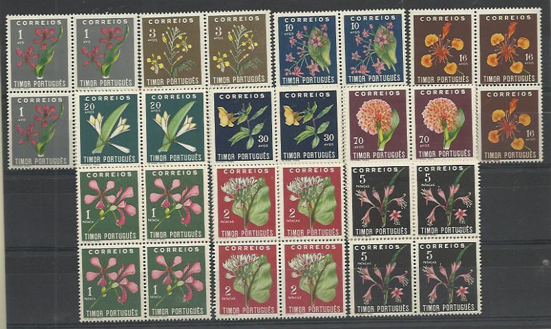 1505.jpg -     Lote:    1505            Timor       Descrição:         1950 &mdash; Flores tropicais. CE275/284. Série completa em quadras. Duas séries sem sinal de charneira e duas com sinal de charneira. Valor de catálogo &euro; 512,00.        ***/**       Valor Base:     &euro; 70,00     Valor Venda:     Retirado     