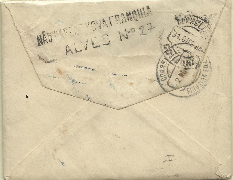 1512.jpg -     Lote:    1512            Portugal       Descrição:         Marcas Administrativas. 1924/26 &mdash; Ceres. Sobrescrito circulado de Moreira (30.10.25) para Coimbra (31.10.25) e reexpedida para Figueira da Foz (02.11.25) com selo de 40c chocolate CE283. Marca batida a preto no verso "NÃO CARECE DE NOVA FRANQUIA / ALVES N.º 27".        Carta       Valor Base:     &euro; 15,00     Valor Venda:     &euro; 32,00     