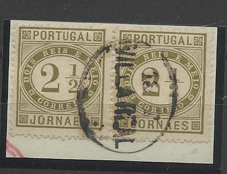 1513.jpg -     Lote:    1513            Portugal       Descrição:         Carimbos ovais datados. 1876 &mdash; Jornaes. CE48, 2 &frac12; reis verde oliva, denteado 13 &frac12;. Fragmento com dois selos obliterados com carimbo batido a preto "VILLA REAL"        FRG       Valor Base:     &euro; 10,00     Valor Venda:     &euro; 24,00     