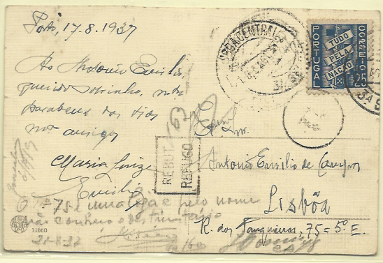 1518.jpg -     Lote:    1518            Portugal       Descrição:         Carimbos de refugo. Postal ilustrado circulado com selo Tudo pela Nação de $25 do Porto (17.08.37) para Lisboa. Carimbo rectangular batido a preto "REBUT / REFUGO".        IP       Valor Base:     &euro; 15,00     Valor Venda:     &euro; 15,00     