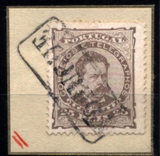 1529.jpg -     Lote:    1529            Portugal       Descrição:         Carimbos nominativos. 1882/83 &mdash; D. Luís I. De frente. CE57, 25 reis castanho obliterado com carimbo nominativo batido a preto "CORUCHE". Selo com pequeno defeito.        O       Valor Base:     &euro; 10,00     Valor Venda:     Retirado     