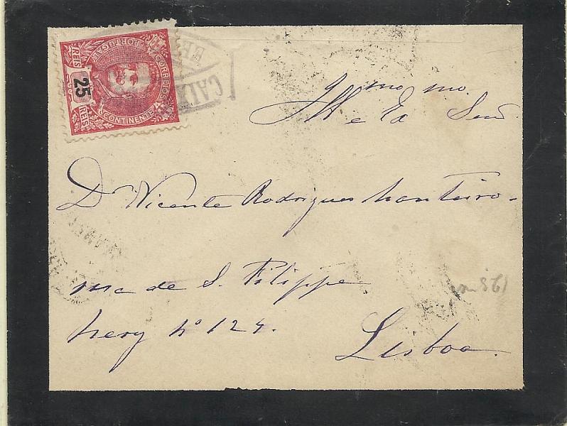 1531.jpg -     Lote:    1531            Portugal       Descrição:         Carimbos nominativos. 1898/1905 &mdash; D. Carlos I tipo Mouchon. CE141, 25 reis carmim, em sobrescrito circulado de Ermigeira para Lisboa 13.03.06). Carimbo batido a preto "CAIXA POSTAL / ERMIGEIRA".        Carta       Valor Base:     &euro; 15,00     Valor Venda:     &euro; 30,00     
