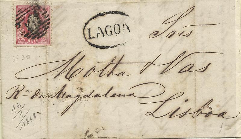 1536.jpg -     Lote:    1536            Portugal       Descrição:         Carimbos nominativos. 1867/70 &mdash; D. Luís I. Fita curva, denteados. CE30, 25 reis carmim sobre carta circulada de Lagoa (13.01.68) para Lisboa (15.01.68). Carimbos batidos a preto, numérico da 1.ª reforma "212" e nominativo "LAGOA".        Carta       Valor Base:     &euro; 12,00     Valor Venda:     &euro; 32,00     