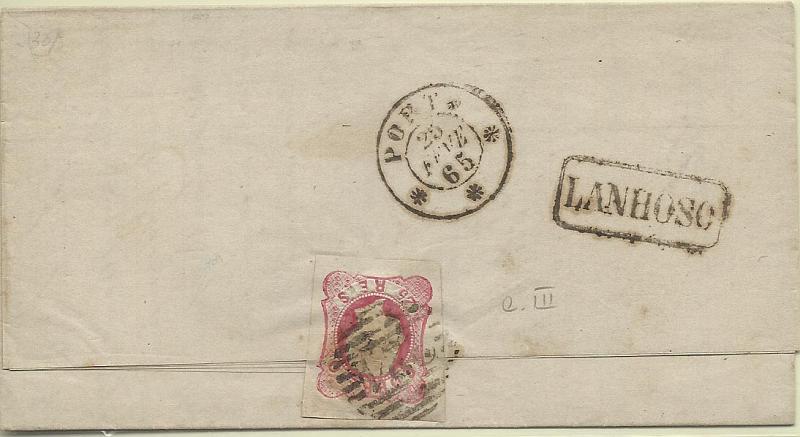 1537.jpg -     Lote:    1537            Portugal       Descrição:         Carimbos nominativos. 1862/64 &mdash; D. Luís I. CE16, 25 reis carmim em carta circulada de Lanhoso (23.02.65) para o Porto (25.02.65). Carimbos, numérico da 1.ª reforma "224" e nominativo "LANHOSO" batidos a sépia.        Carta       Valor Base:     &euro; 15,00     Valor Venda:     &euro; 15,00     