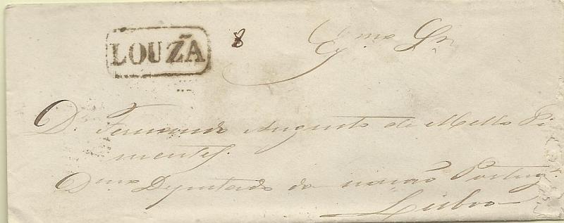 1539.jpg -     Lote:    1539            Portugal       Descrição:         Carimbos nominativos. 1867/70 &mdash; D. Luís I. Fita curva, denteados. Sobrescrito circulado da Louzã para Lisboa (15.05.69) com selo de 25 reis carmim, CE30. Carimbos, numérico da 1.ª reforma "86" e nominativo "LOUZÃ", batidos a sépia.        Carta       Valor Base:     &euro; 12,00     Valor Venda:     &euro; 12,00     
