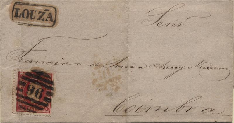 1540.jpg -     Lote:    1540            Portugal       Descrição:         Carimbos nominativos. 1867/1870 &mdash; D. Luís I. Fita curva. Denteados. CE30, 25 reis carmim em carta circulada da Louzã (02.01.71) para Coimbra (02.01.71). Carimbo da 2ª reforma "96" e nominativo "LOUZÃ" batidos a preto.        Livro       Valor Base:     &euro; 12,00     Valor Venda:     Retirado     