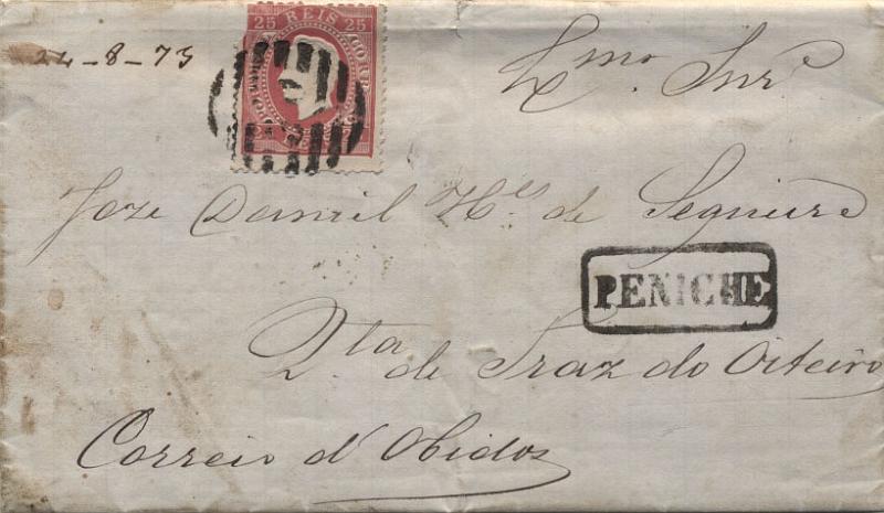 1544.jpg -     Lote:    1544            Portugal       Descrição:         Carimbos nominativos. 1870/76 &mdash; D. Luís I, fita direita. CE40, 25 reis carmim rosa em carta circulada de Peniche para Óbidos, com trânsito por Lisboa (25.05.1973). Carimbo numérico da 2.ª reforma "30" e nominativo "PENICHE" batidos a preto.        Carta       Valor Base:     &euro; 20,00     Valor Venda:     Retirado     
